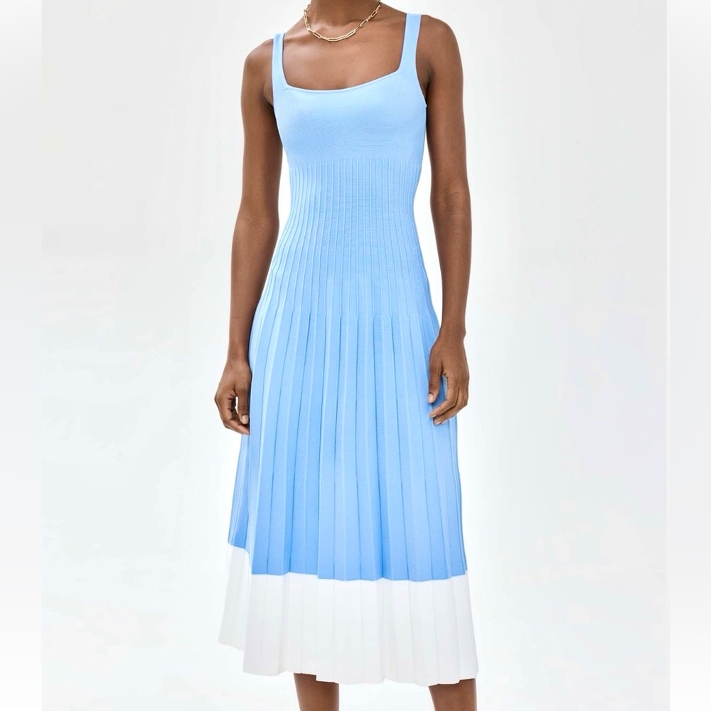 🌺🎉HP🎉🌺 NWT Staud Ellison Pleated Midi Dress Blue White 🌟Rare🌟 - Picture 5 of 15